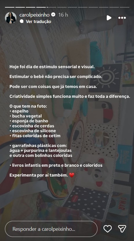 Carol Peixinho mostra como estimula o desenvolvimento do filho - Foto: Reprodução/Instagram @carolpeixinho