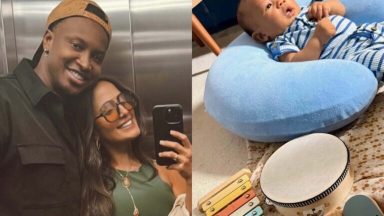 Carol Peixinho mostra seu filho e de Thiaguinho com seus brinquedos musicais