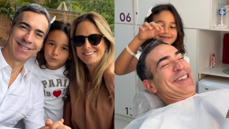 Filha de César Tralli esbanja fofura em visita aos estúdios da Globo: ‘Mini assistente’
