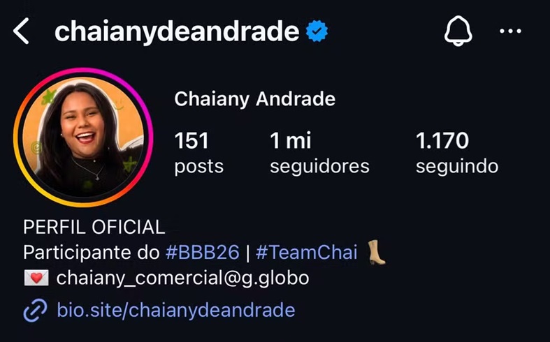Chaiany é a primeira Pipoca do BBB 26 a atingir 1 milhão de seguidores nas redes — Foto: Reprodução Instagram