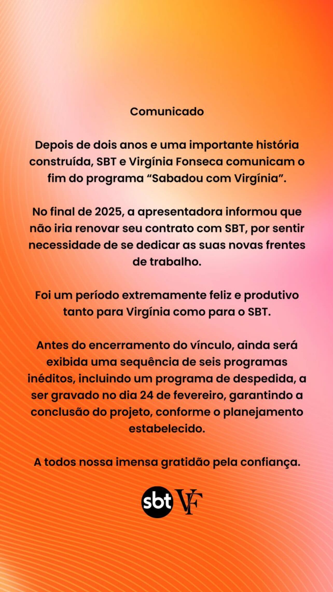Comunicado do SBT sobre saída de Virginia Fonseca - Foto: Reprodução / Instagram