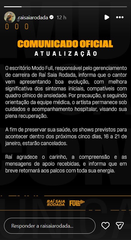 Raí Saia Rodada foi internado após apresentar quadro clínico de ansiedade - Foto: Reprodução/Instagram @raisaiarodada