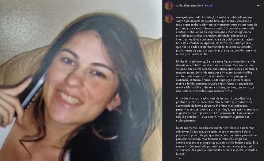 Desabafo da mãe de Eliza Samudio – Foto: Reprodução / Instagram @sonia_elizasamudio