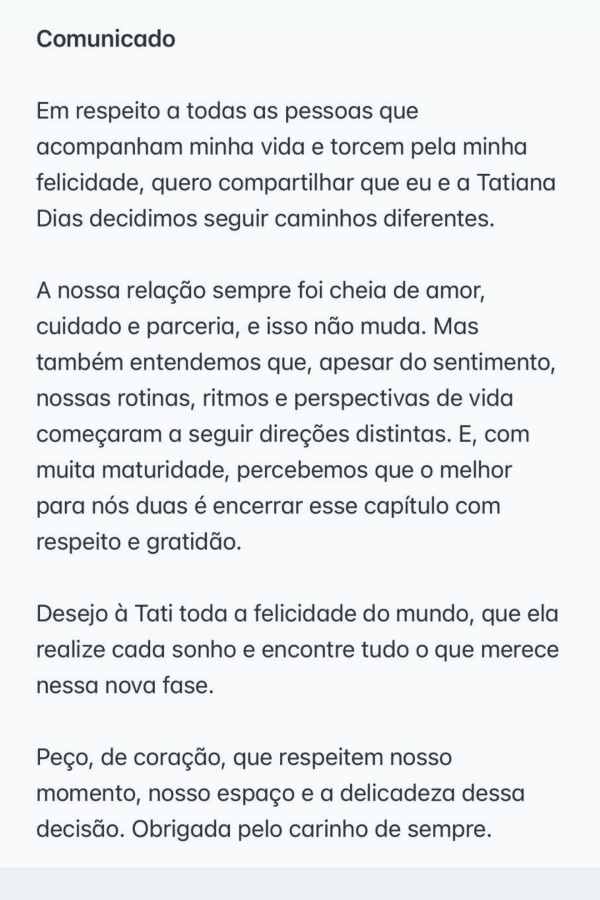Lauana Prado comunica o fim de seu namoro com Tati Dias