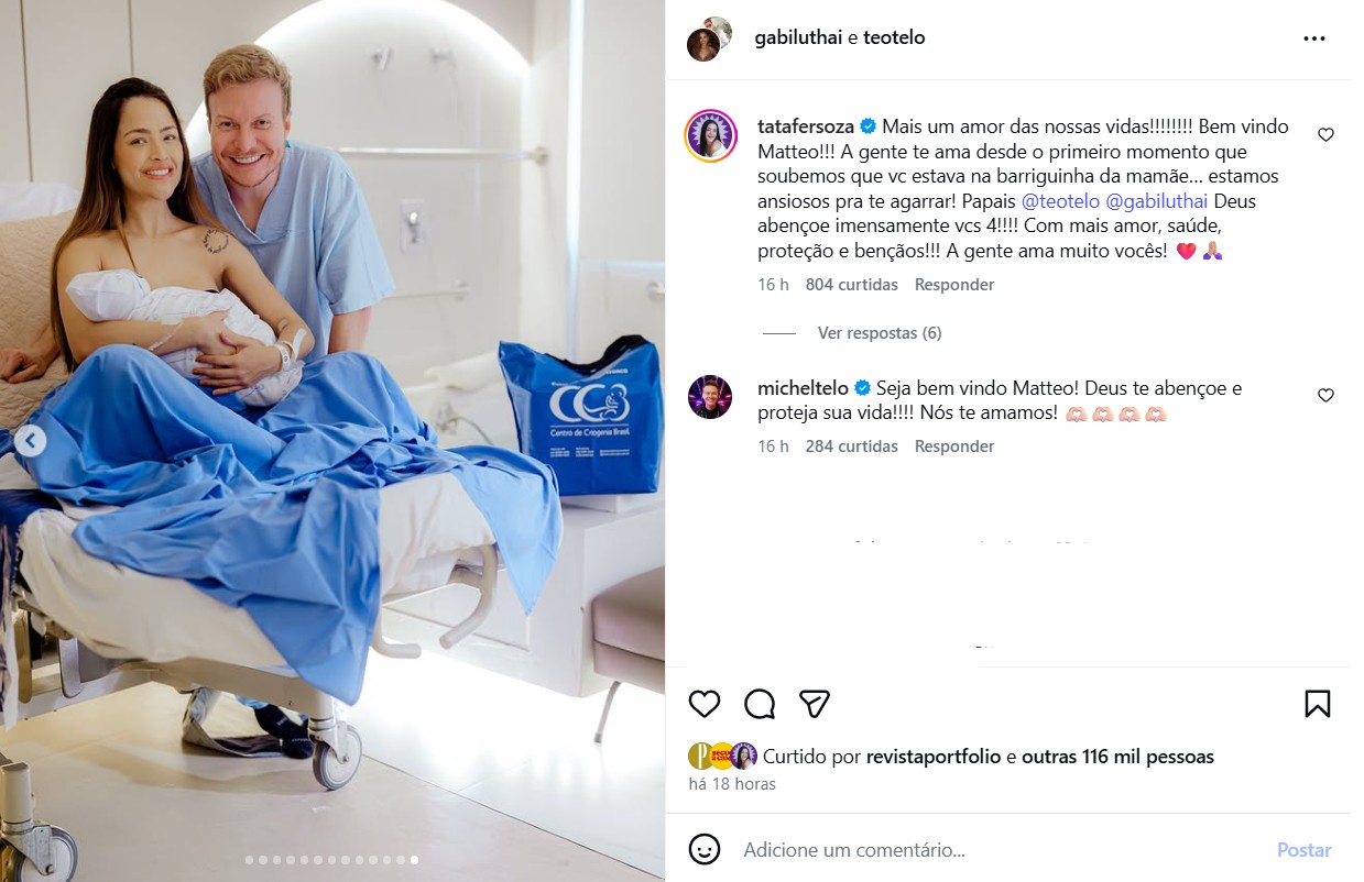 Michel Teló e Thais Fersoza celebram o nascimento do sobrinho, filho de Teo Teló e Gabi Luthai - Foto: Reprodução / Instagram @gabiluthai @izacosta_1