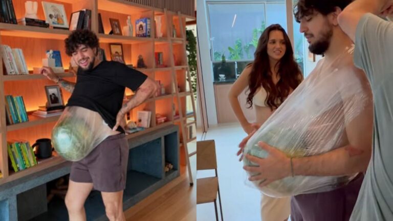 Nattan amarra melancia na barriga para descobrir como é “estar grávido”