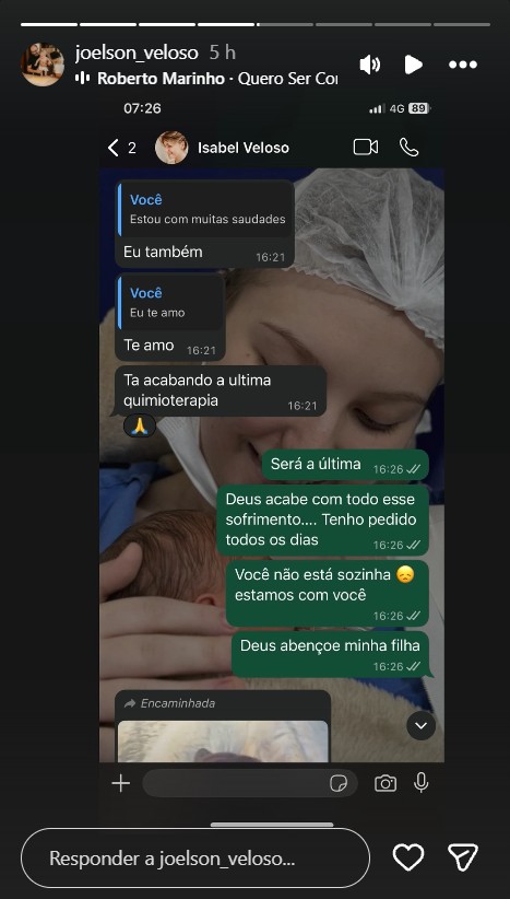 Pai de Isabel Veloso mostra conversas com a influenciadora - Foto: Reprodução/Instagram @joelson_veloso