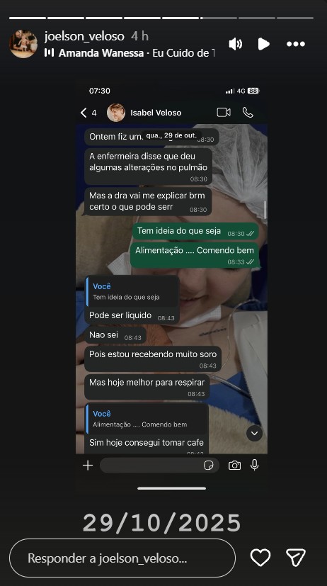 Pai de Isabel Veloso mostra conversas com a influenciadora - Foto: Reprodução/Instagram @joelson_veloso