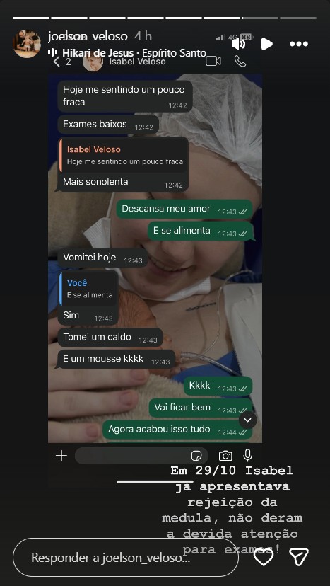 Pai de Isabel Veloso mostra conversas com a influenciadora - Foto: Reprodução/Instagram @joelson_veloso