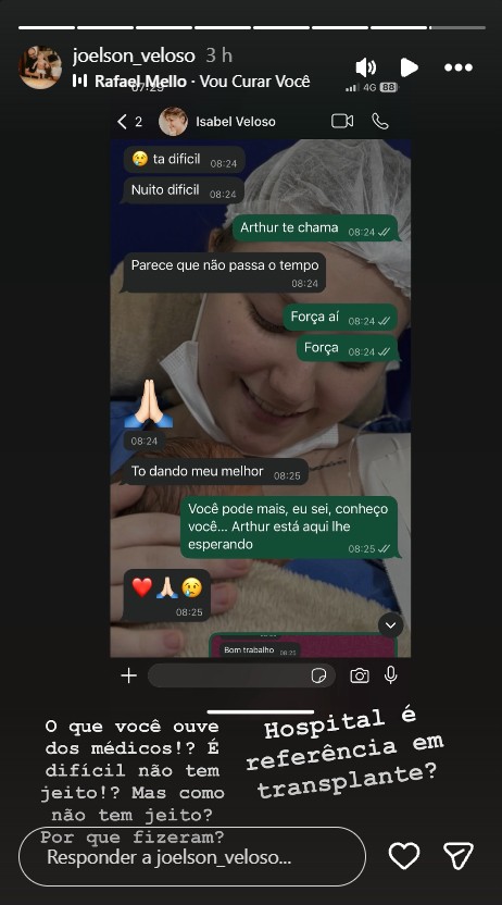 Pai de Isabel Veloso mostra conversas com a influenciadora - Foto: Reprodução/Instagram @joelson_veloso