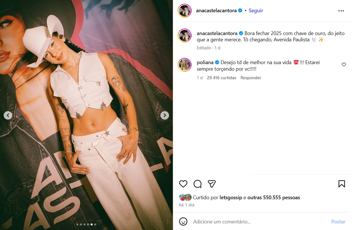 Poliana Rocha deixa comentário carinhoso na postagem de Ana Castela - Foto: Reprodução / Instagram @anacastelacantora