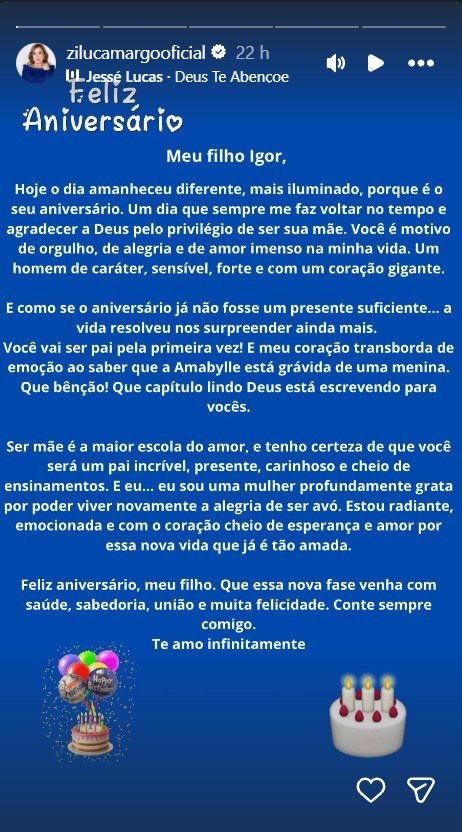 Zilu Camargo parabeniza o filho, Igor Camargo - Foto: Reprodução/Instagram @zilucamargooficial