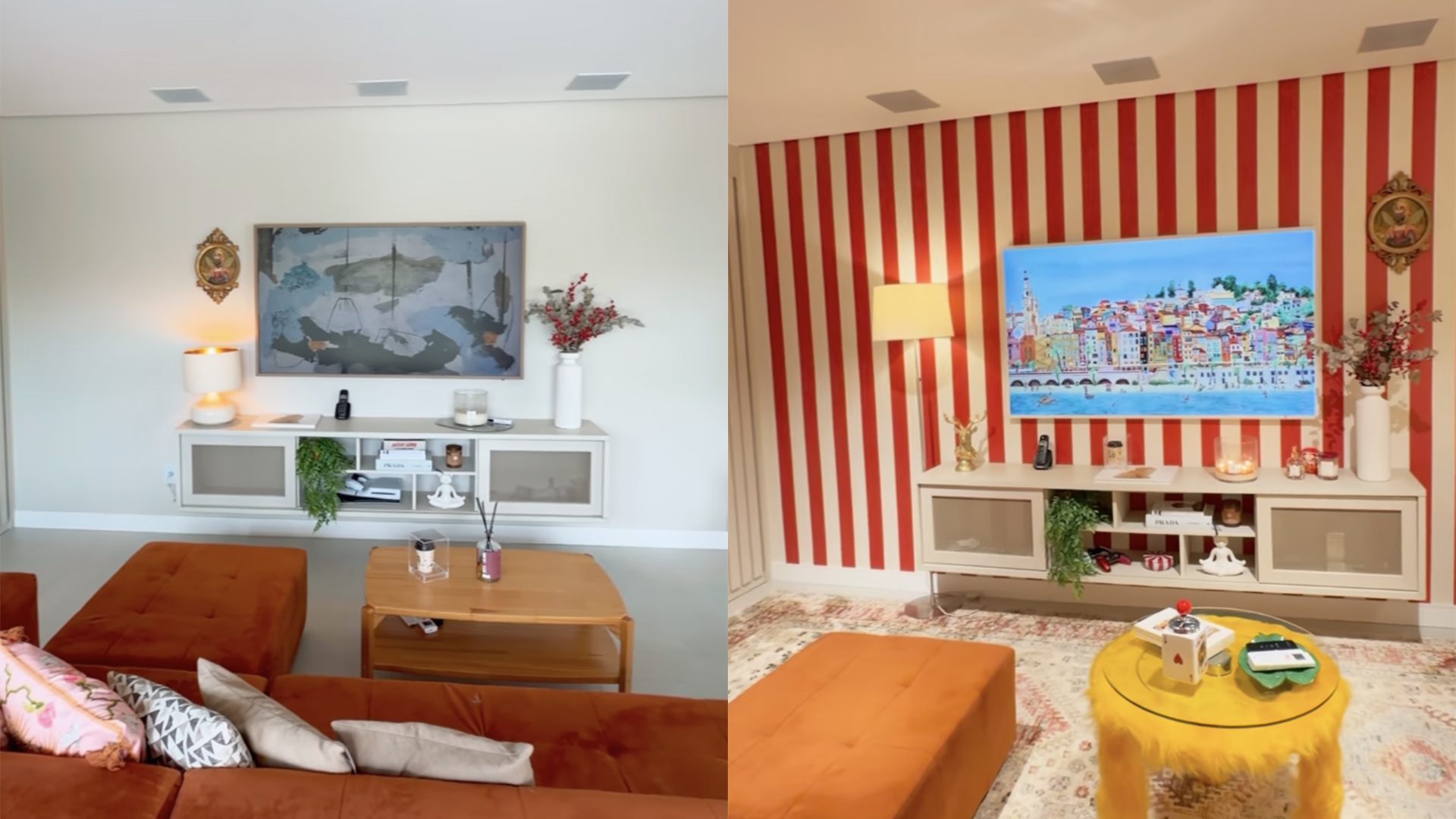 Antes e depois da decoração da sala de estar de Bomtalvão - Foto: Reprodução / Instagram