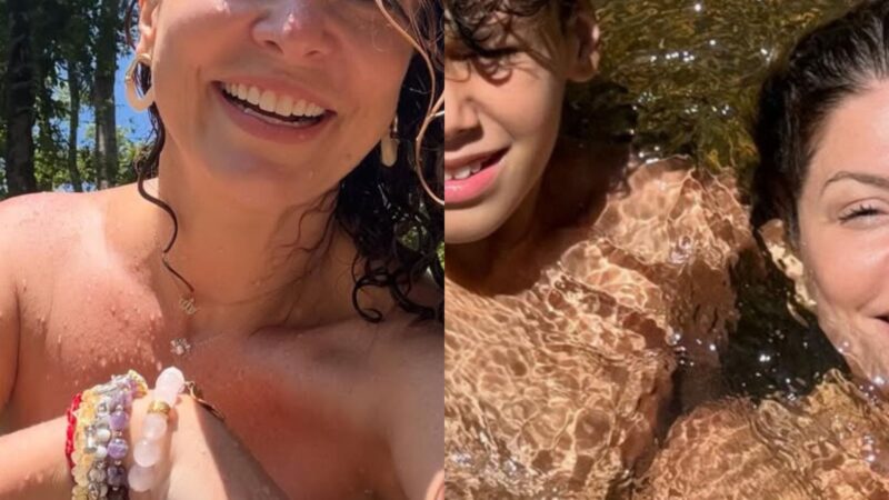 Aos 47 anos, atriz curte banho de cachoeira com namorado famoso e os dois filhos