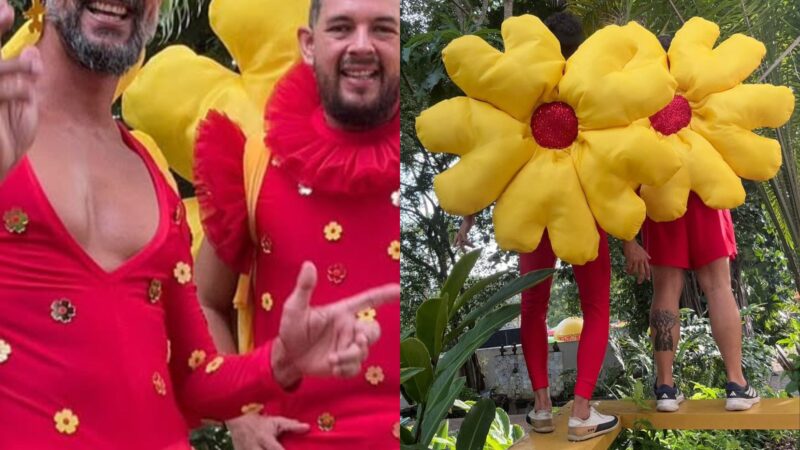 Aos 47 anos, galã da Globo surge de fantasia combinando com o marido em bloquinho