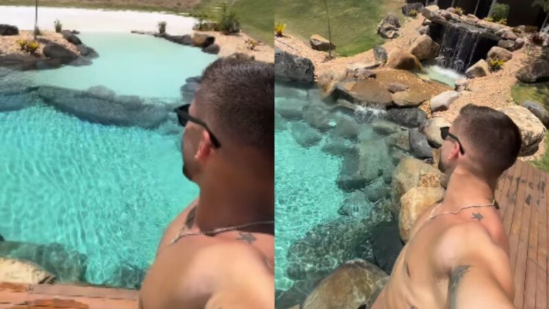 Ex-BBB ostenta praia artificial com cachoeira no quintal de casa - Foto: Reprodução / Instagram