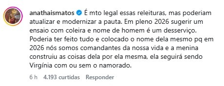 Ana Thais Matos fala sobre ensaio de Virginia Fonseca