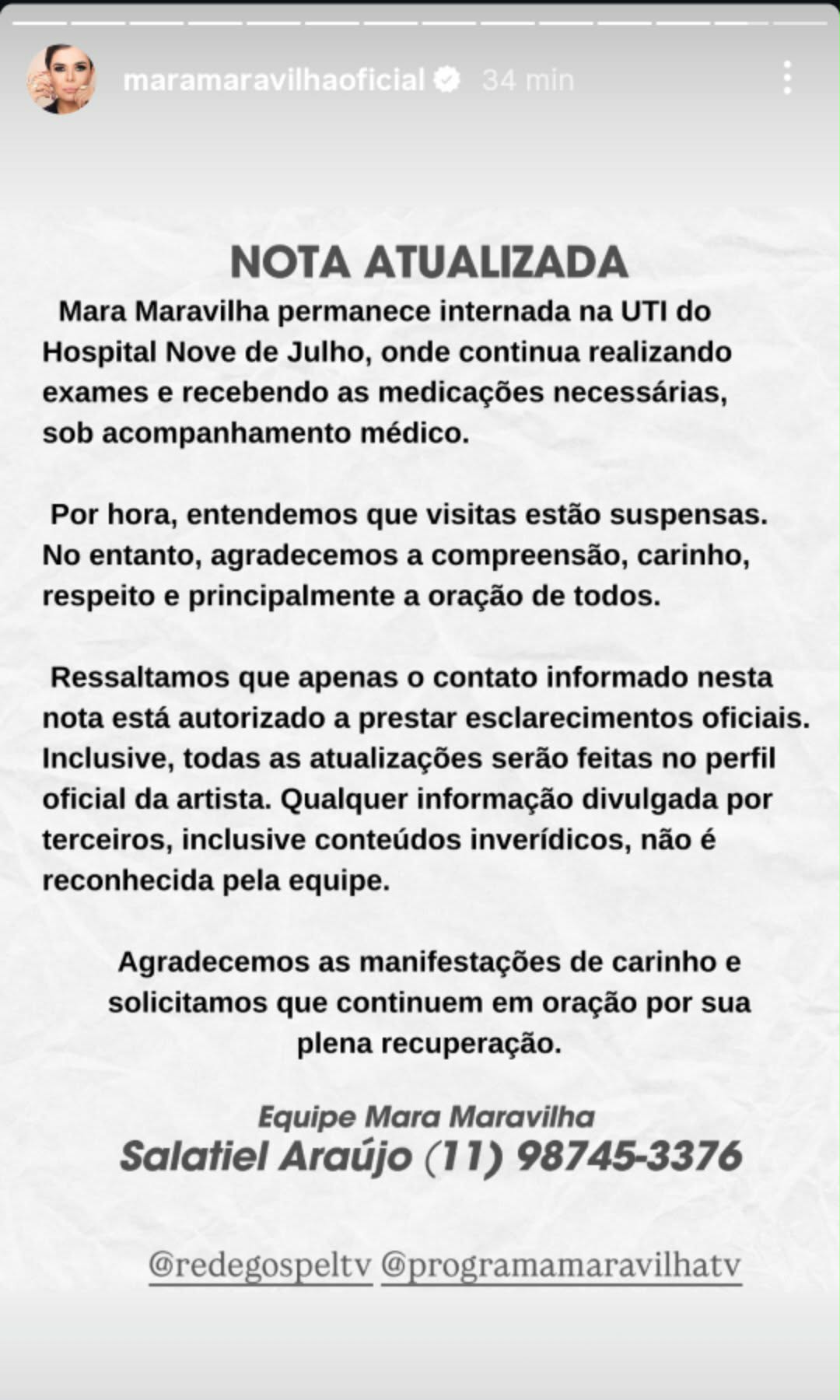 Equipe de Mara Maravilha atualiza estado de saúde da apresentadora