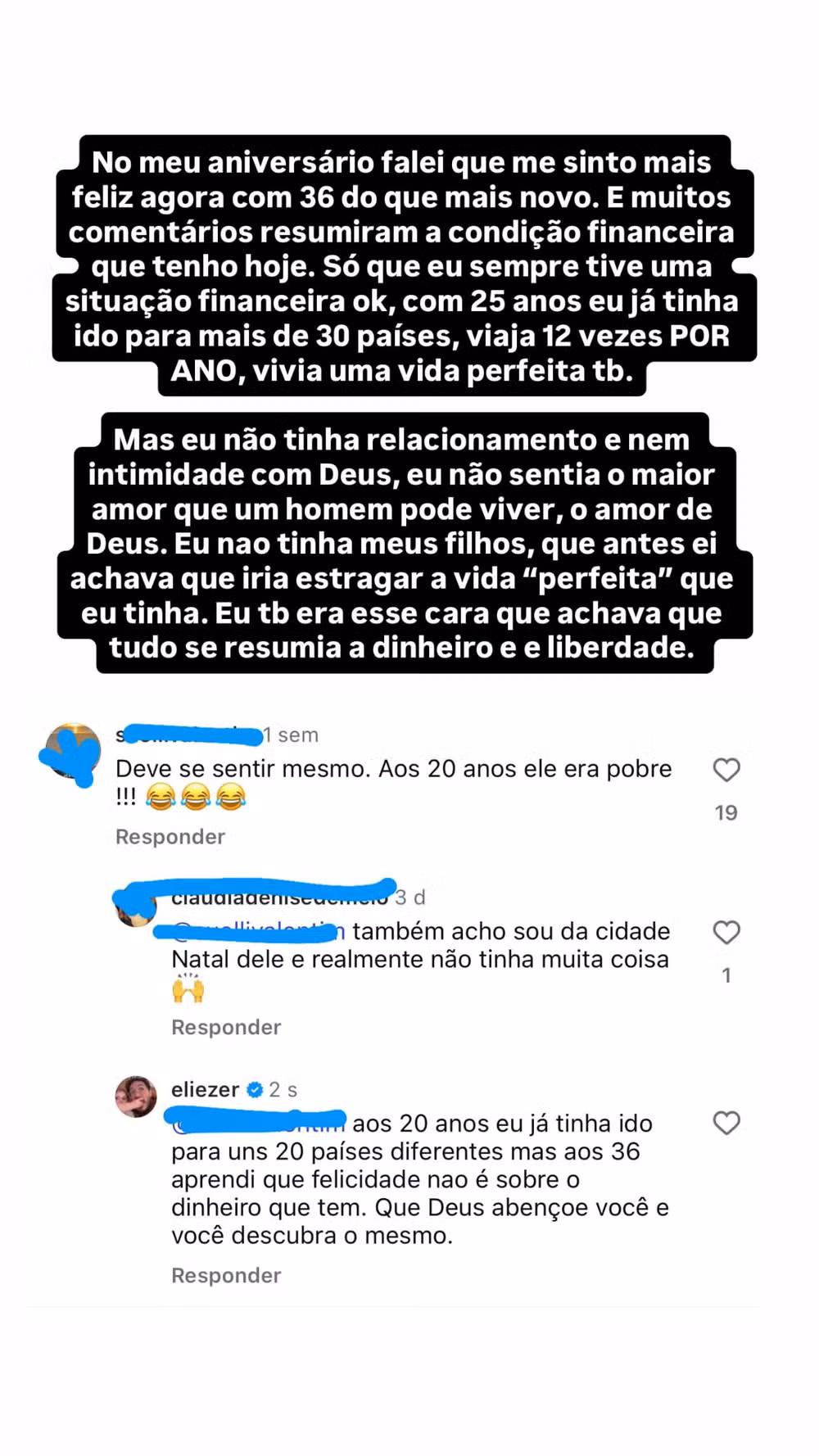 Eliezer reage a comentários - Foto: Reprodução/Instagram