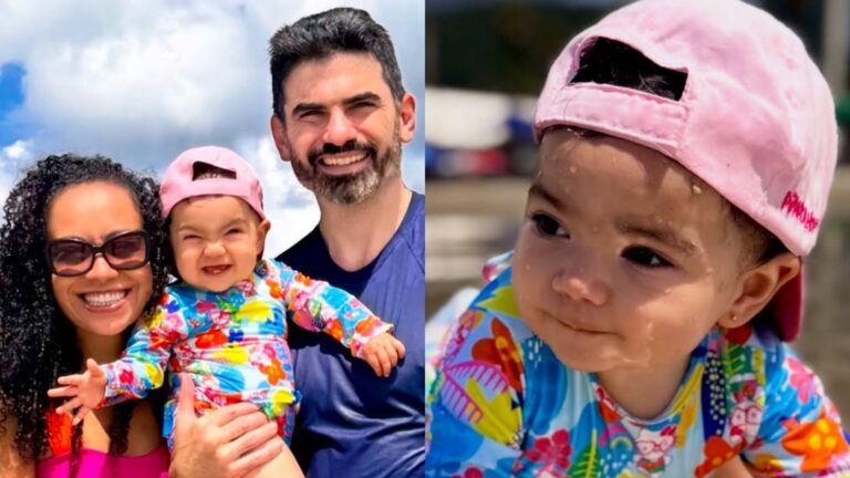 Aretha Oliveira encanta ao mostrar a primeira vez da filha na praia