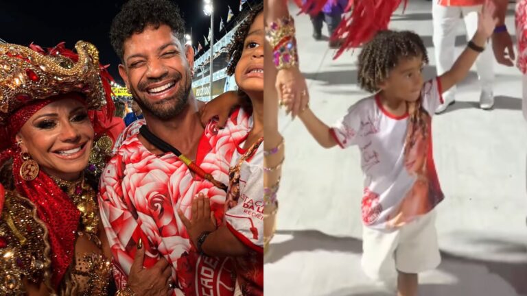 Aos 3 anos, filho de Viviane Araújo rouba a cena na Sapucaí ao lado dos pais