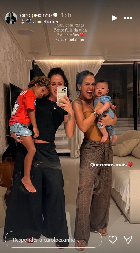 Aline Becker e Carol Peixinho com os respectivos filhos - Foto: Reprodução/Instagram @carolpeixinho