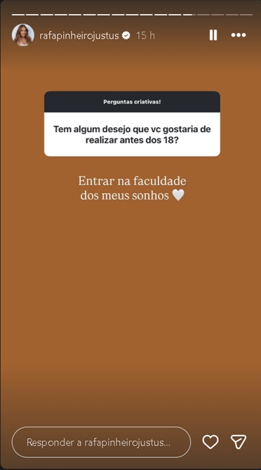 Story de Rafaella Justus - Foto: @rafapinheirojustus