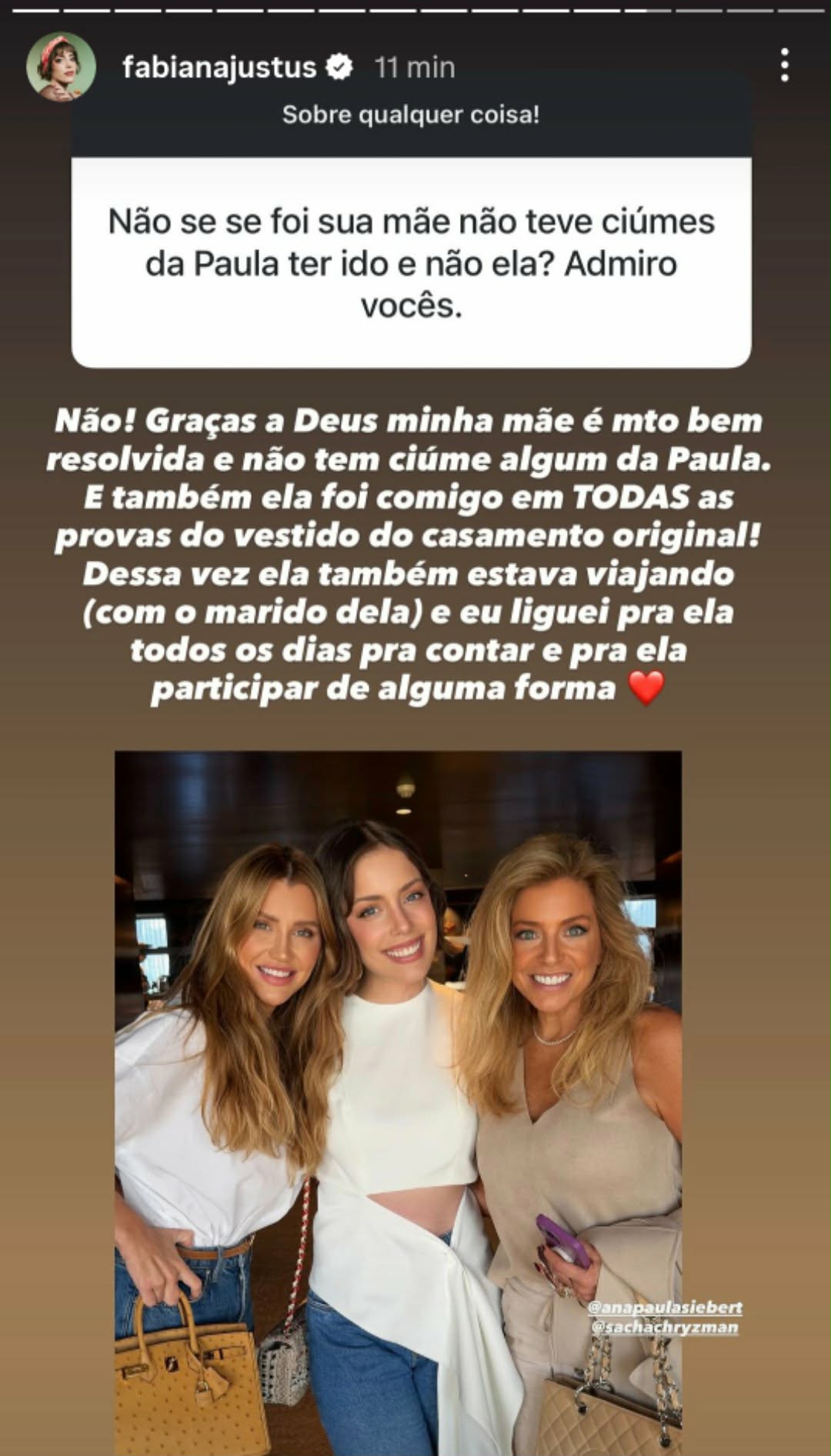 Fabiana Justus diz se a mãe ficou com ciúmes de Ana Paula Siebert