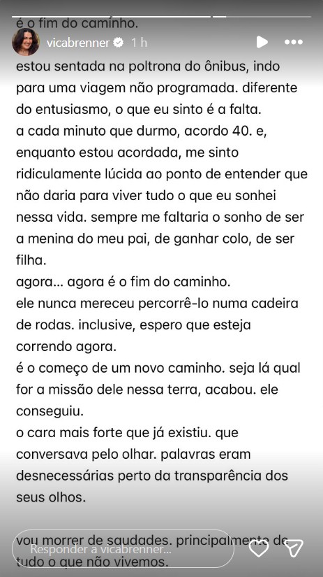 Filha de Gerson Brenner se despede do pai - Foto: Reprodução / Instagram @vicabrenner 