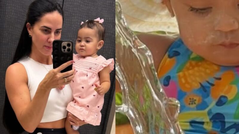 Clara, filha de Graciele Lacerda e Zezé Di Camargo, chama atenção ao se refrescar com mangueira