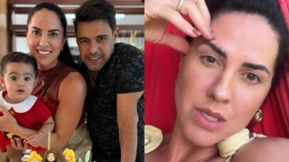 Graciele Lacerda e Zezé Di Camargo com a filha, a família celebra aniversário em festa com bolo temático.