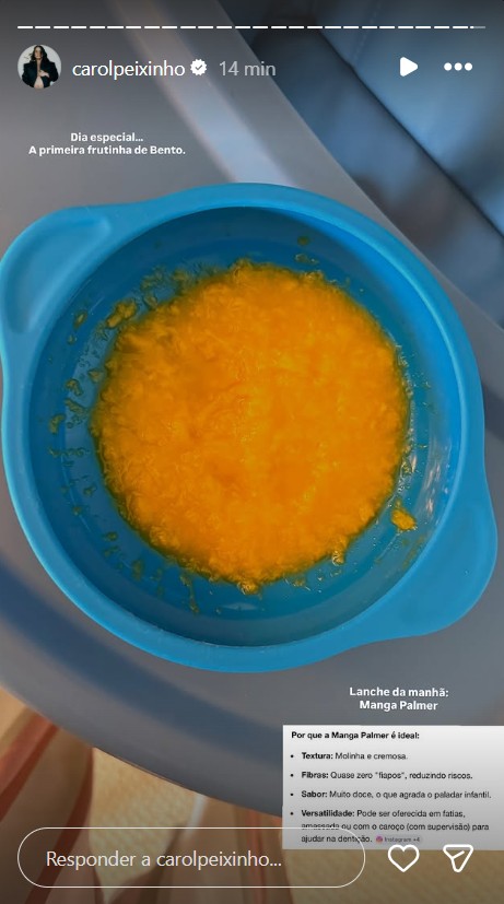 Carol Peixinho mostra introdução alimentar de Bento - Foto: Reprodução / Instagram @carolpeixinho 