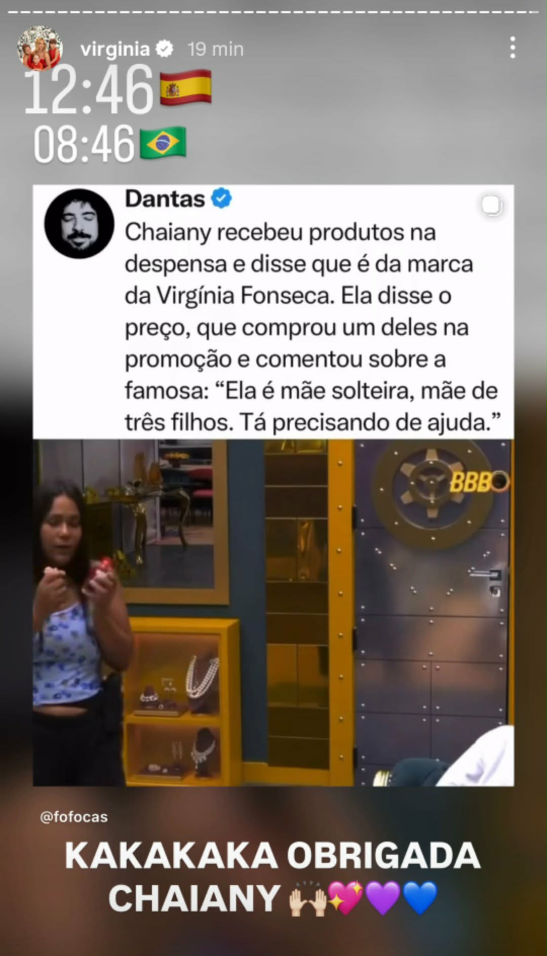 Virginia faz agradecimento para Chaiany