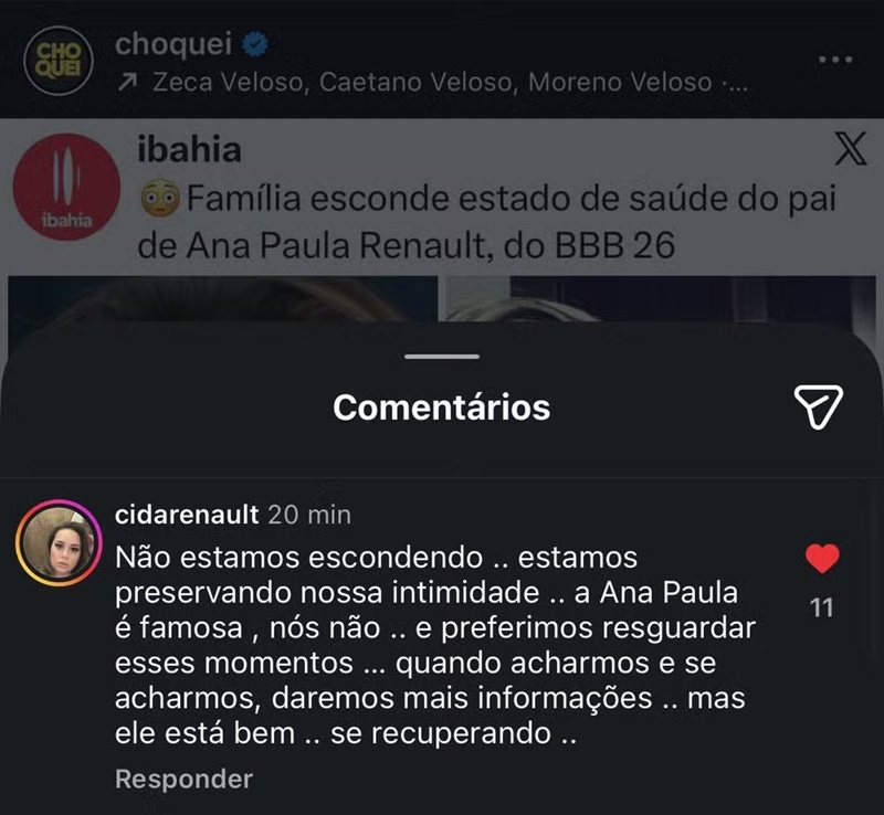 Comentário de Cida Renault - Foto: Instagram