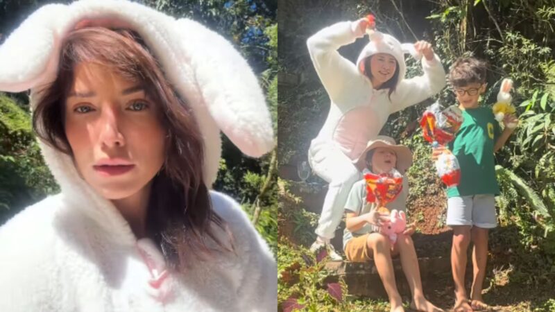 Aos 36 anos, Letícia Colin se fantasia de coelhinha e promove caça aos ovos para o filho de 6 anos