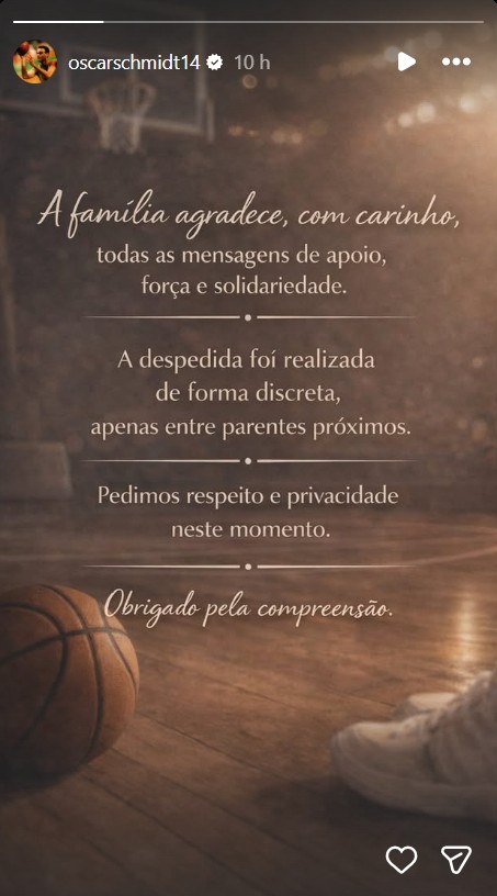 Família de Oscar Schmidt revela que despedida aconteceu de forma reservada - Foto: Reprodução/Instagram @oscarschmidt14