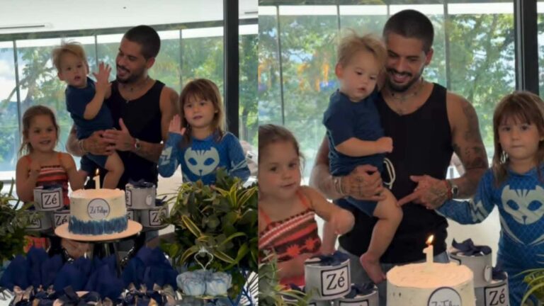 Zé Felipe tem festinha em casa com os filhos e vela chama a atenção