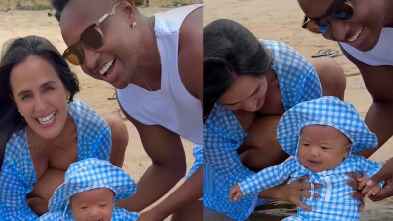 Filho de Carol Peixinho e Thiaguinho tem sua primeira vez no mar: ‘Ele sentiu’