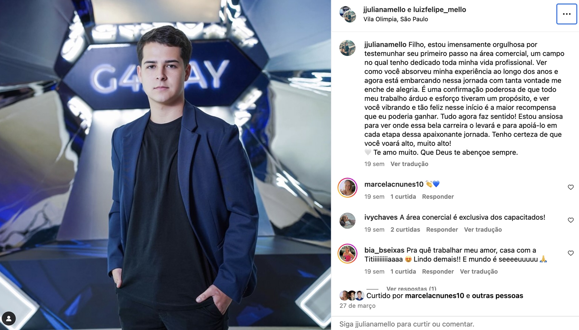 Mãe de Luiz Felipe Mello celebrou conquista do filho em 2024