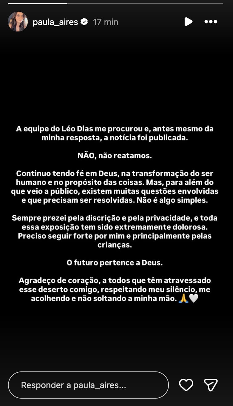 Pronunciamento Paula Aires - Foto: Reprodução/Instagram