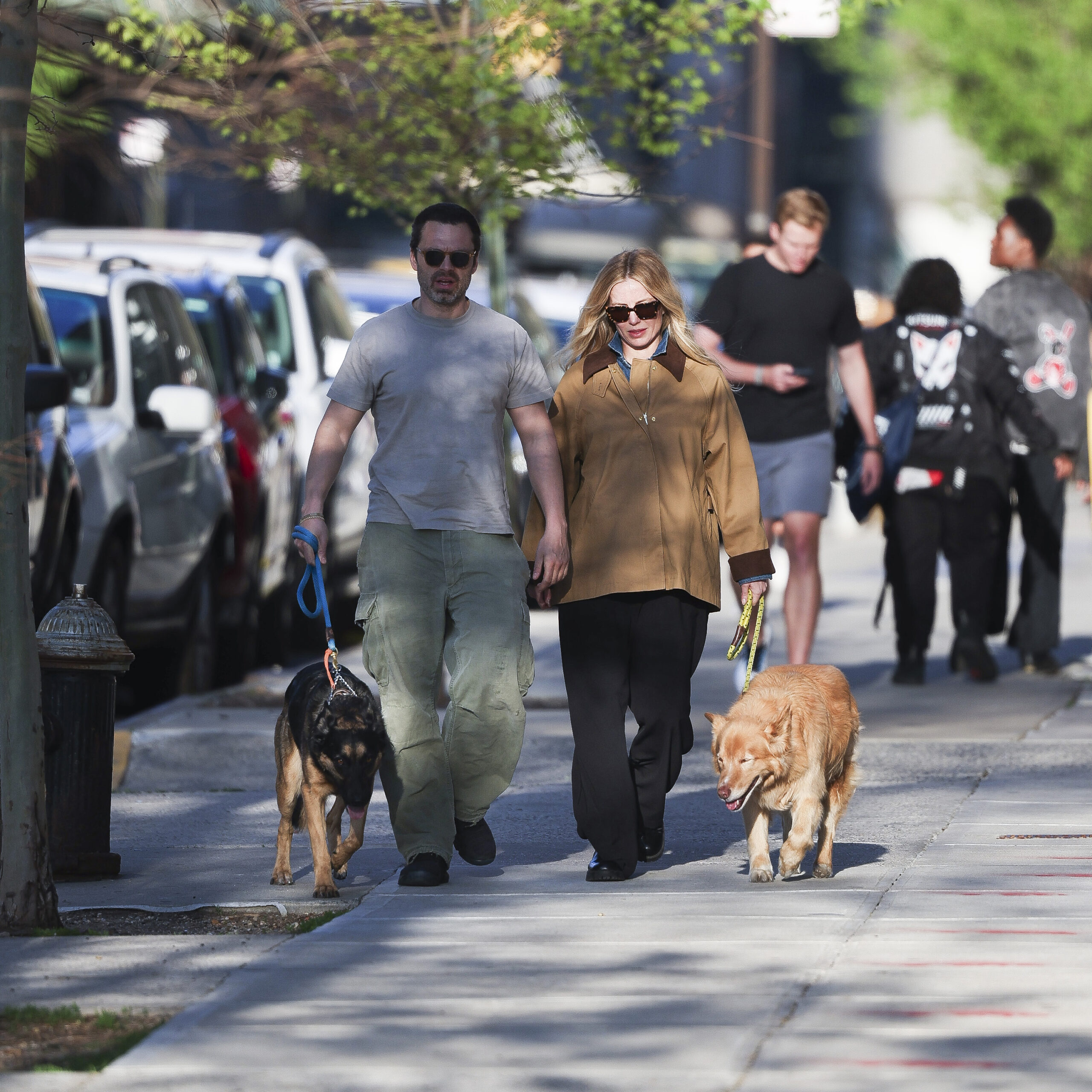 Sebastian Stan e Annabelle Walli durnate passeio com cães em Nova York em abril — Foto: Getty Images
