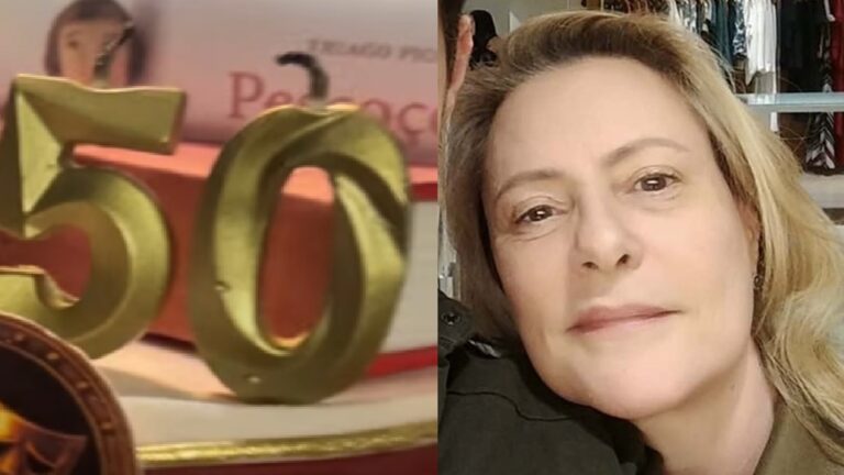 Elizabeth Savala mostra o bolo estiloso e bem original para celebrar os 50 anos do filho artista
