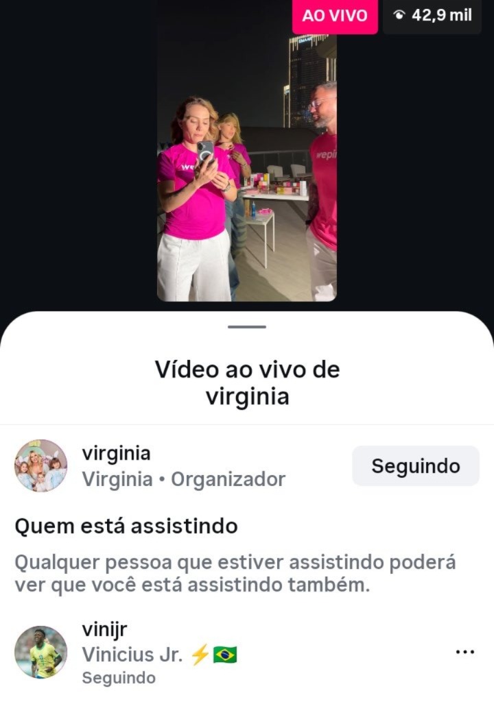 Vini Jr foi visto assistindo a live de Virginia - Foto: Reprodução / X