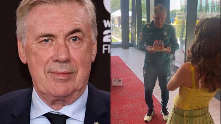 Carlo Ancelotti faz 67 anos na concentração da Seleção e ganha bolo de enteada que é atriz