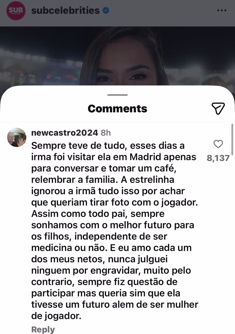 Comentário do pai de Tainá Militão - Foto: Reprodução/Instagram