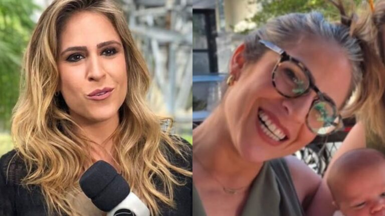 Repórter da Record encanta ao exibir foto rara com a esposa e o filho de 1 mês