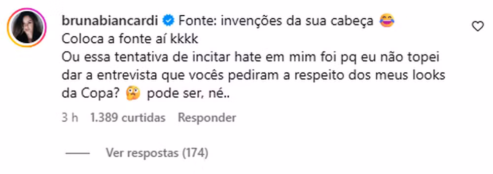 Comentário de Bruna Biancardi - Foto: Reprodução/Instagram