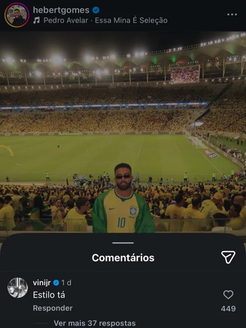 Comentário de Vini Jr no Instagram