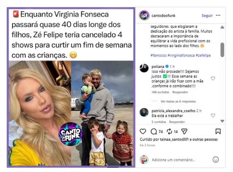 Mãe de Zé Felipe nega que Virginia vai ficar 40 dias sem os filhos — Foto: Reprodução/ Instagram