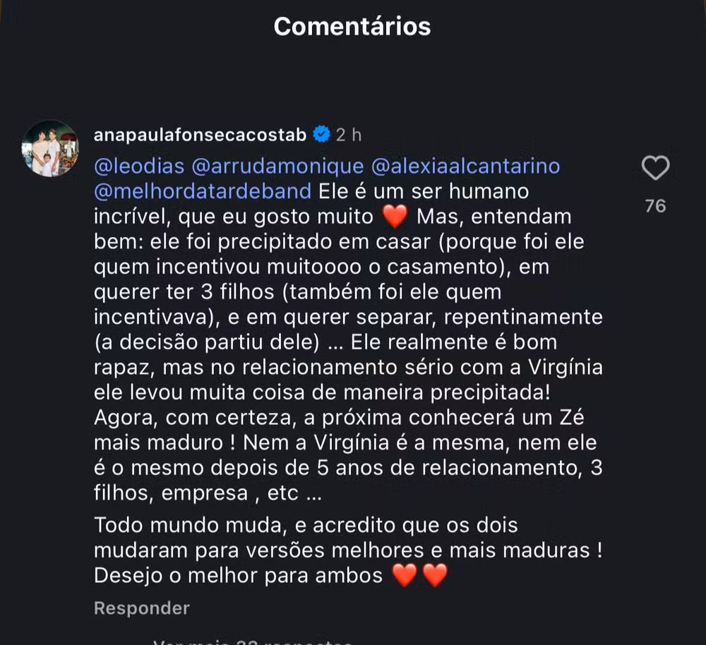 Comentário prima de Virginia - Foto: Reprodução/Instagram